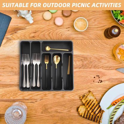 Silverware Organizer with Lid, Utensil Tray for Kitchen Drawer and Countertop, Plastic Cutlery and Flatware Storage Box for Spoons Forks Knives Holder Case, 6 Compartments, Black