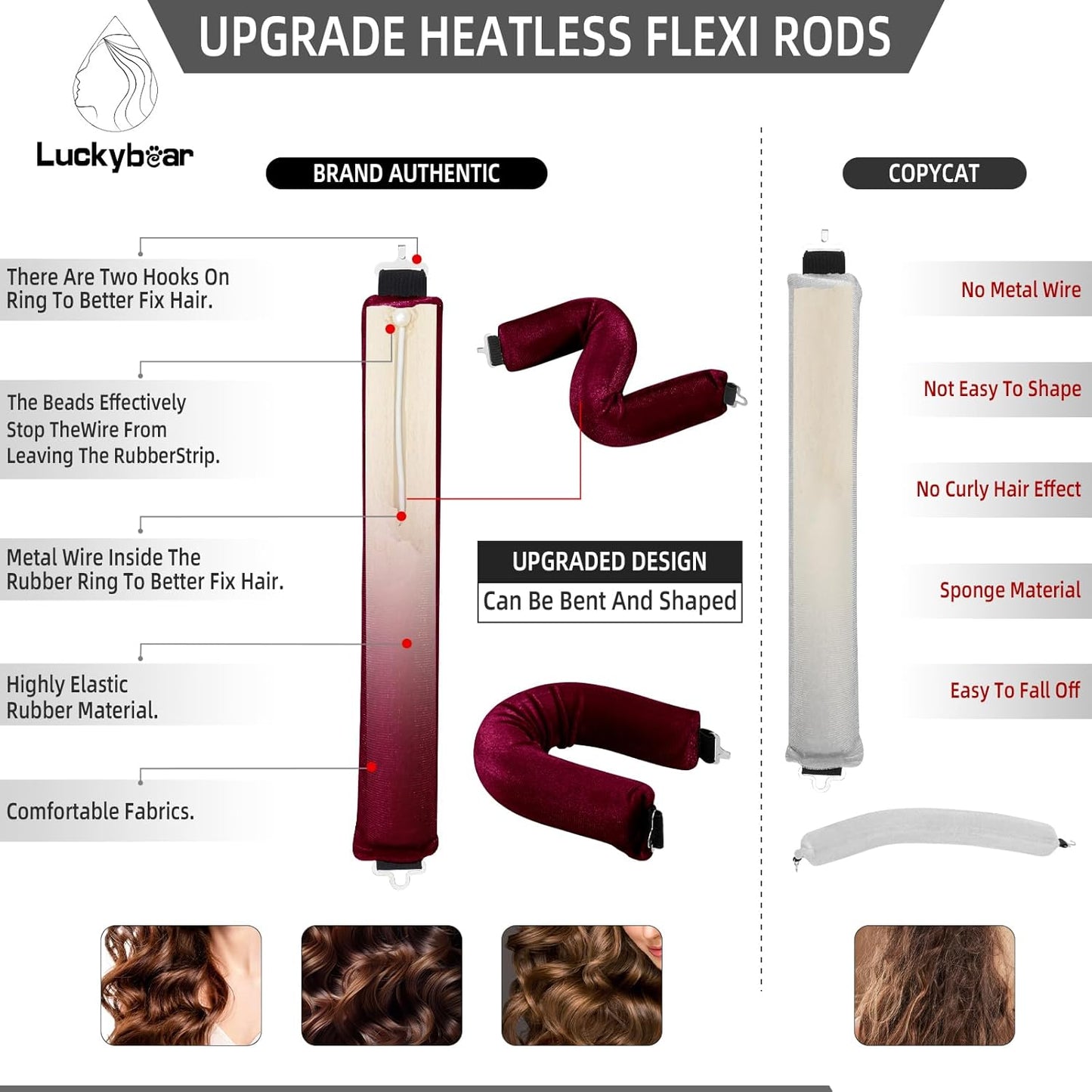 Heatless Curls Overnight Rods Jumbo Set, Heatless Hair Curler Velvet Satin Jumbo Flexi Rods to Sleep in, No Heat Overnight Sleeping Blowout Curls Wave Styling Tools with Silk Scarf 4pcs Wine Red