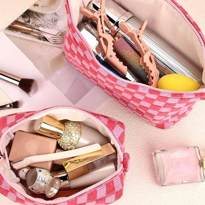 AIMALL 2PCS Checkered Makeup Bag for Purse - Portable Zipper Cosmetic Pouch, Small Travel Case for Accessories, 9.84in & 6.7in