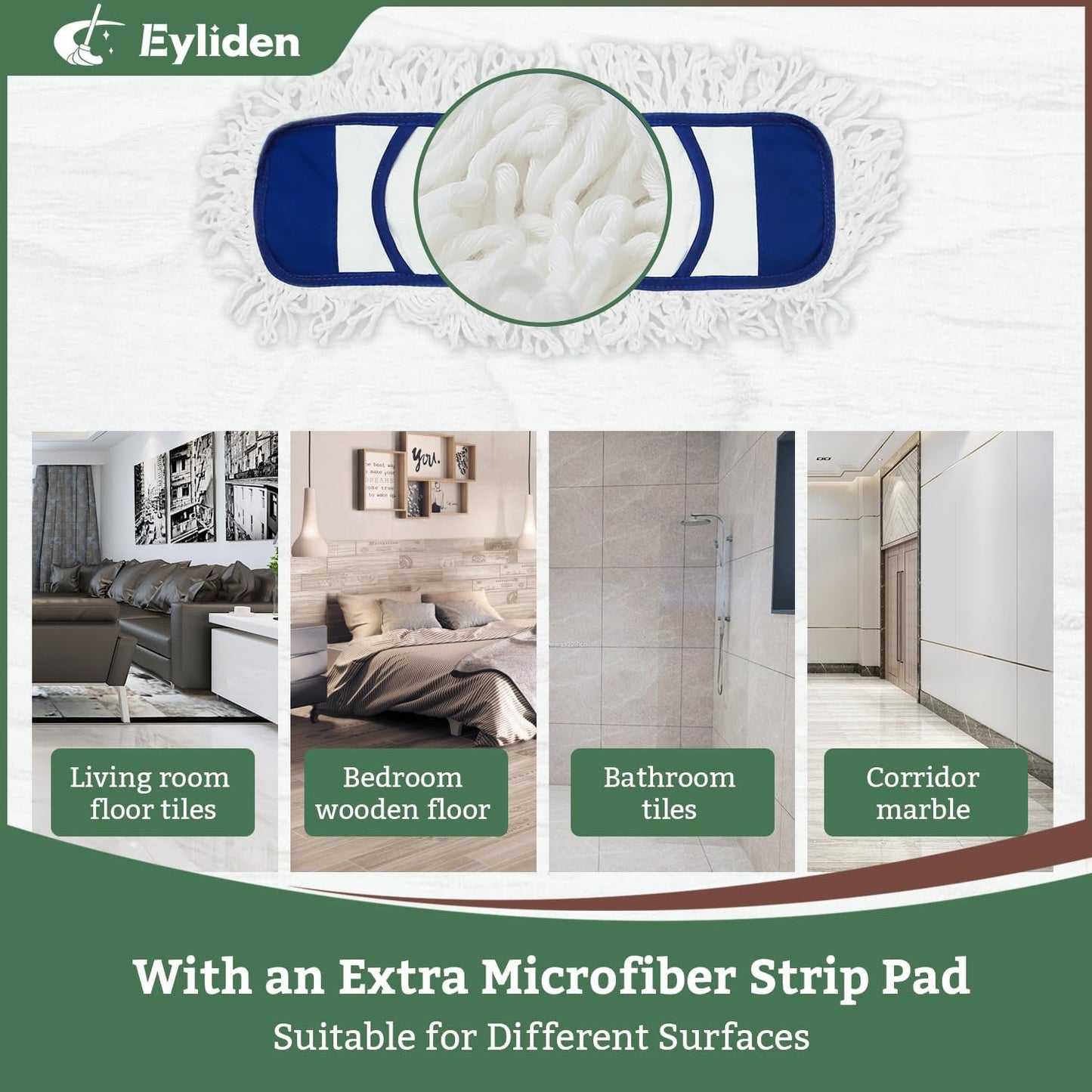 Eyliden Dust Mop with Reusable Washable Pads - One Touch Replacement, Height Adjustable Handle, Total 2 Mop Cloths, Wet Dry Mops for Floor Cleaning, Hardwood, Laminate, Tile Floor Push Dust Broom