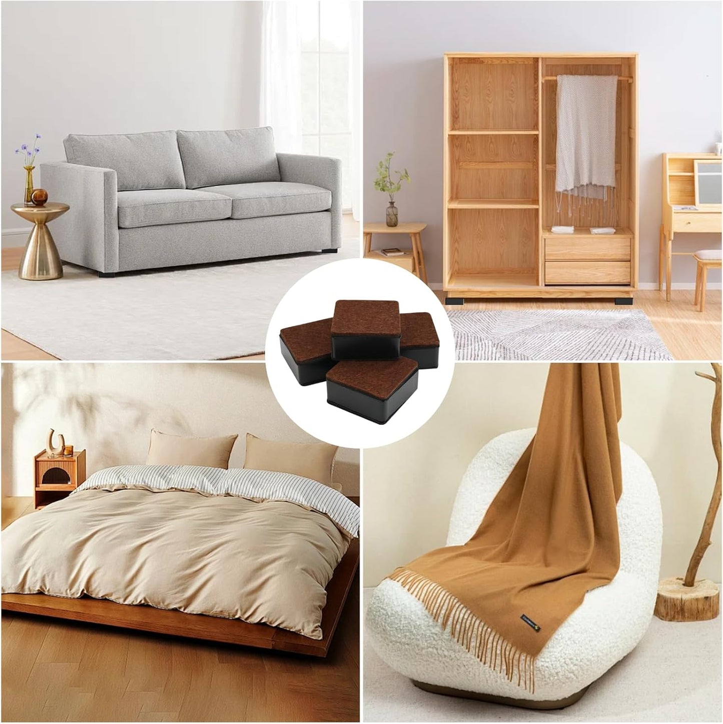 4 Pieces Self-Adhesive Furniture Risers 3 cm Steel Bed Feet Feet for Furniture Non-Slip 6 cm Diameter Risers for Furniture Heavy Bed for Coffee Table, Furniture, Desk, Square Black