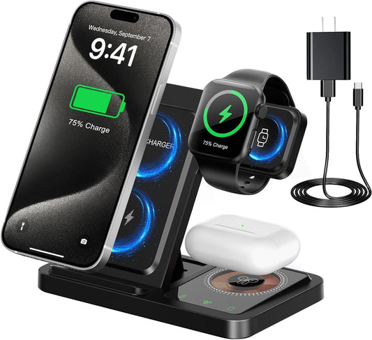 3 in 1 Wireless Charger for iPhone 16/15/14/13/12, Wireless Charging Station for Apple Watch Series Ultra1/2/S10-2/SE,Charging Station for Apple Devices for AirPods 4/3/2/Pro,Black