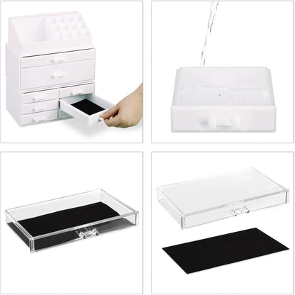 Relaxdays Make-Up Organiser with Drawers, Make-Up Holder and Accessories, Acrylic, Transparent