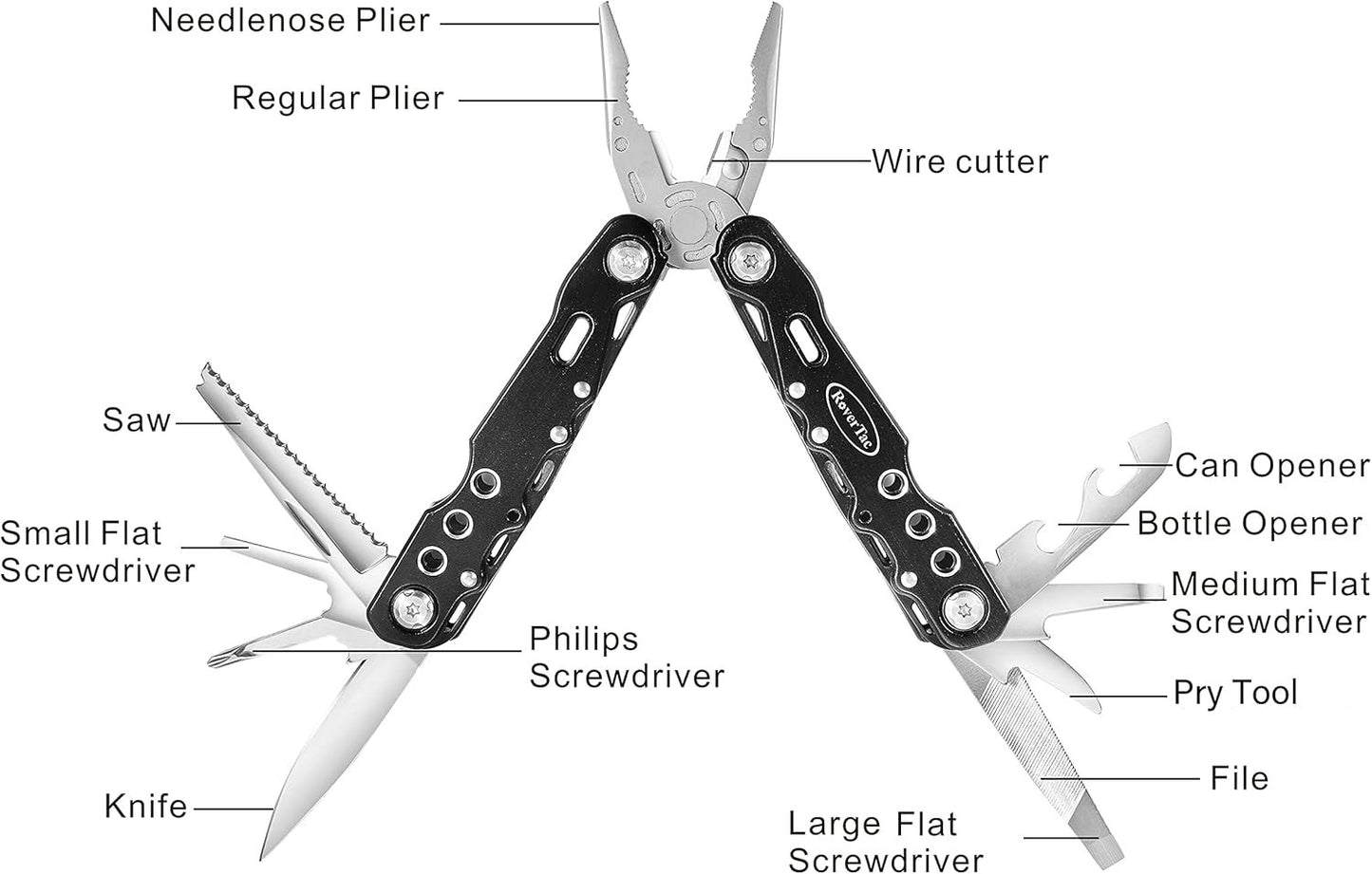 RoverTac Multitool Pliers Pocket Knife Camping Tool Hiking Gear 14 in 1 Multi Tool Knife Pliers Saw Bottle Opener Safety Lock Nylon Sheath Multitool for Camping Survival Hiking DIY Gifts for Men