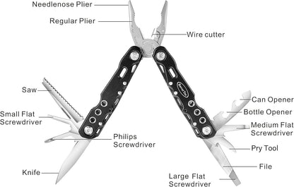 RoverTac Multitool Pliers Pocket Knife Camping Tool Hiking Gear 14 in 1 Multi Tool Knife Pliers Saw Bottle Opener Safety Lock Nylon Sheath Multitool for Camping Survival Hiking DIY Gifts for Men