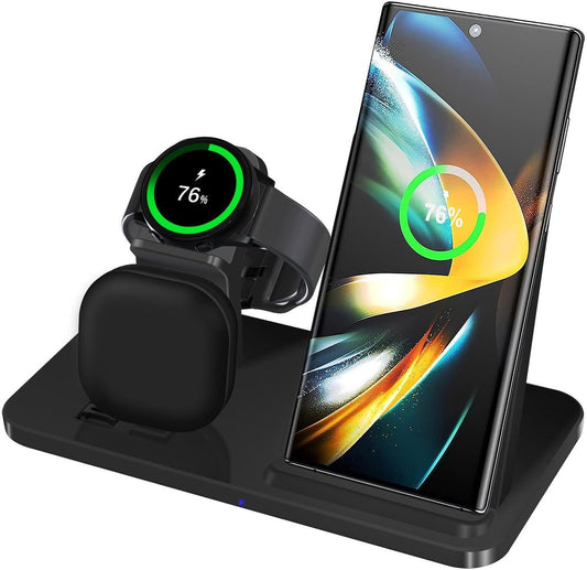 3 in 1 Wireless Charger, 15W Fast Wireless Charging Station Stand for Samsung Galaxy S24 S23 S22 S21 S20 S10,Note 20/10, Galaxy Buds Pro/Live, Galaxy Watch 6/5 Pro/5/4/3/Active 2, Black