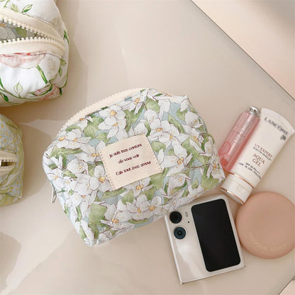 Sminra 2 Pcs Floral Makeup Bag Large Travel Cotton Quilted Cosmetic Makeup Bag Organizer, Cute Coquette Aesthetic Zipper Portable Pouch Purse Storage Toiletry Bag for Women Girls accessories, 03-Green