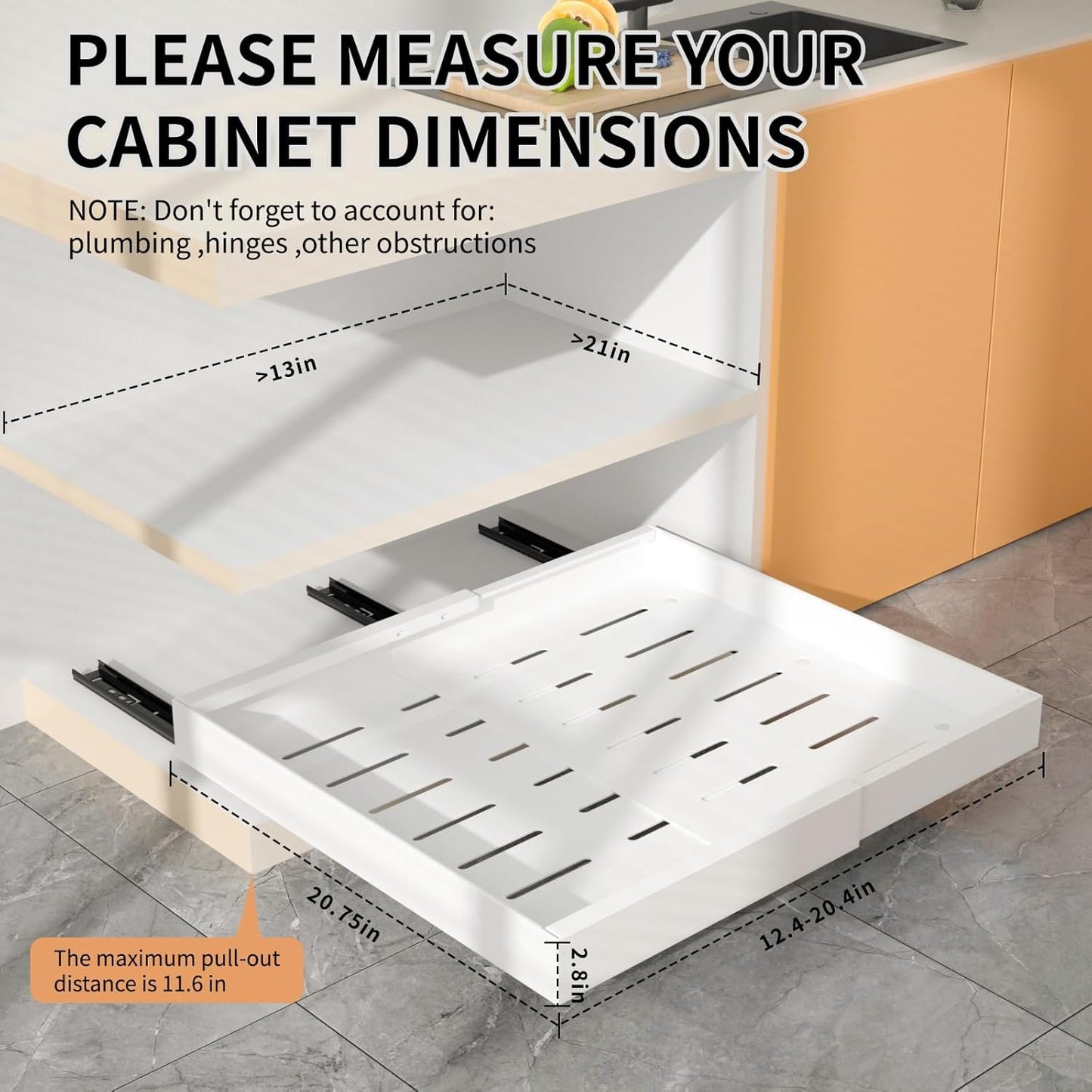 Pull Out Cabinet Organizer 2 PCS, 21" Deep, Expandable(12.4"-20.4") Slide Out Drawers for Kitchen Cabinets Fixed with Adhesive Film for Pots,Pans,Heavy Duty Slide Out Cabinet Organizer and Storage