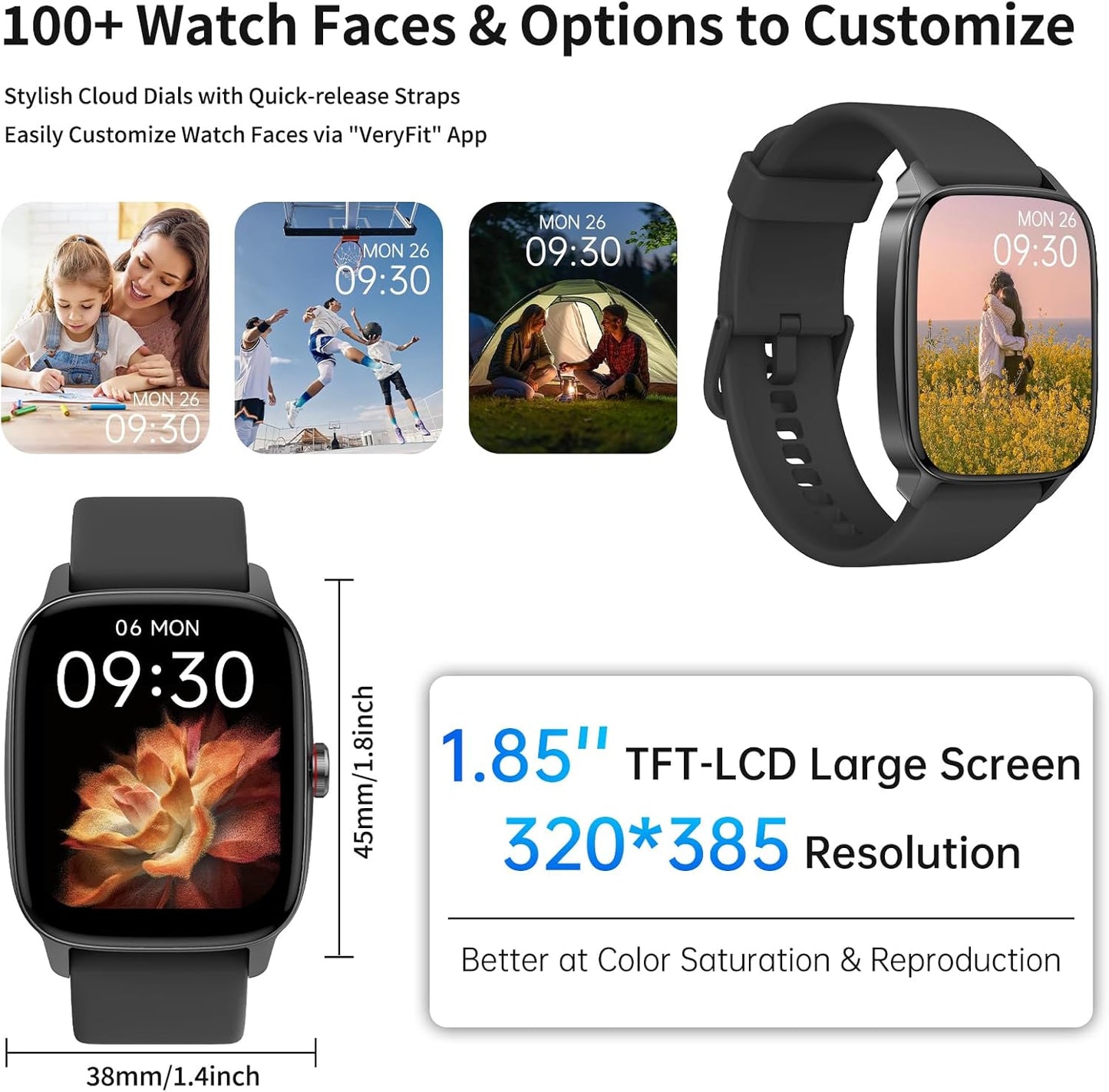Smart Watch for Men Women, IP68 Waterproof, Bluetooth Calling, Fitness Tracker, Sleep Monitoring, 1.85'' DIY Dial, AI Built-in, 100+ Sports Modes, 7 Days Battery, Compatible with Android & iPhones