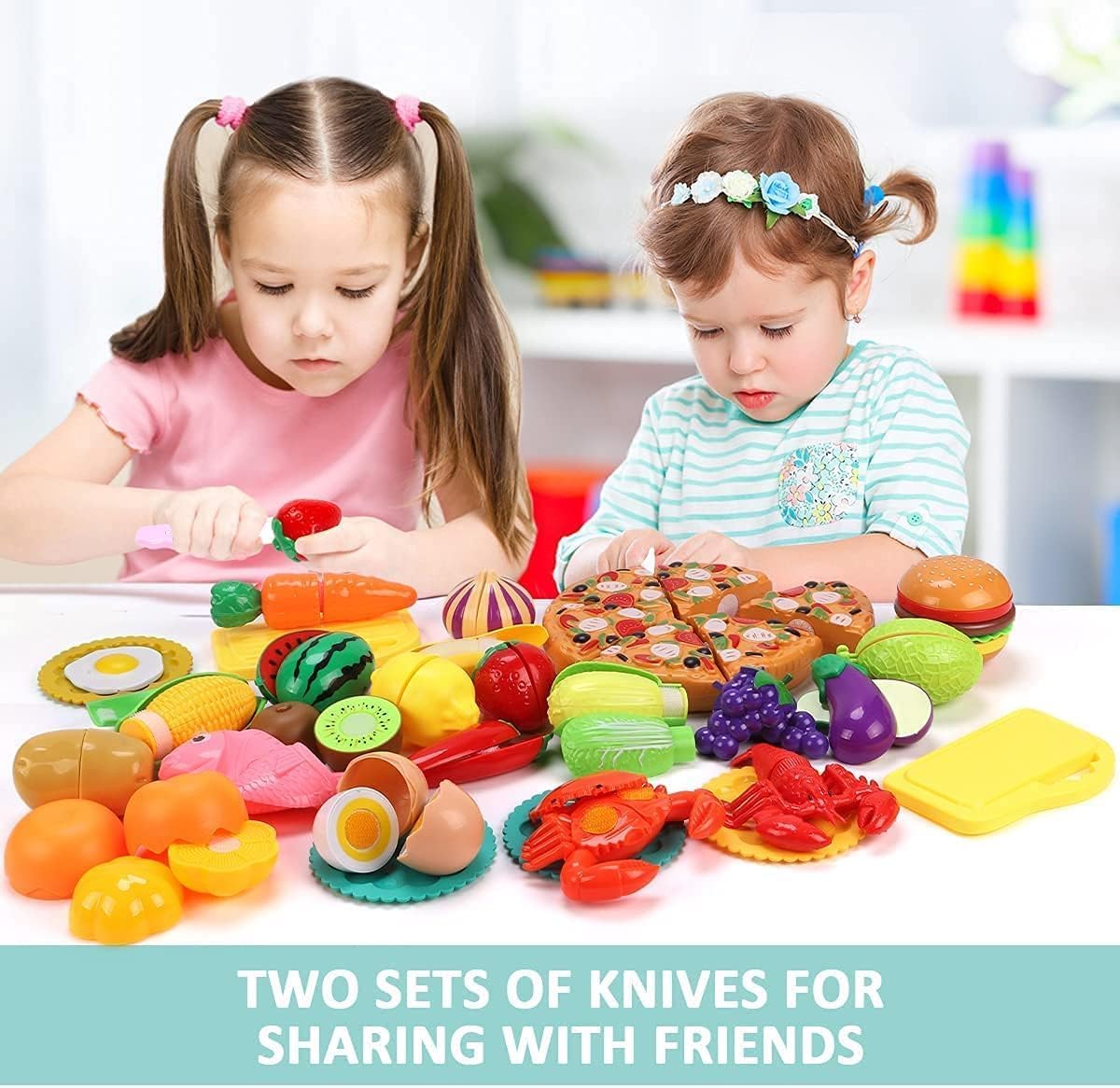 KaeKid Cutting Play Food Toys for Kids Kitchen, Pretend Role Play Toys with Basket, Preschool Educational Toys for Toddlers Boys Girls