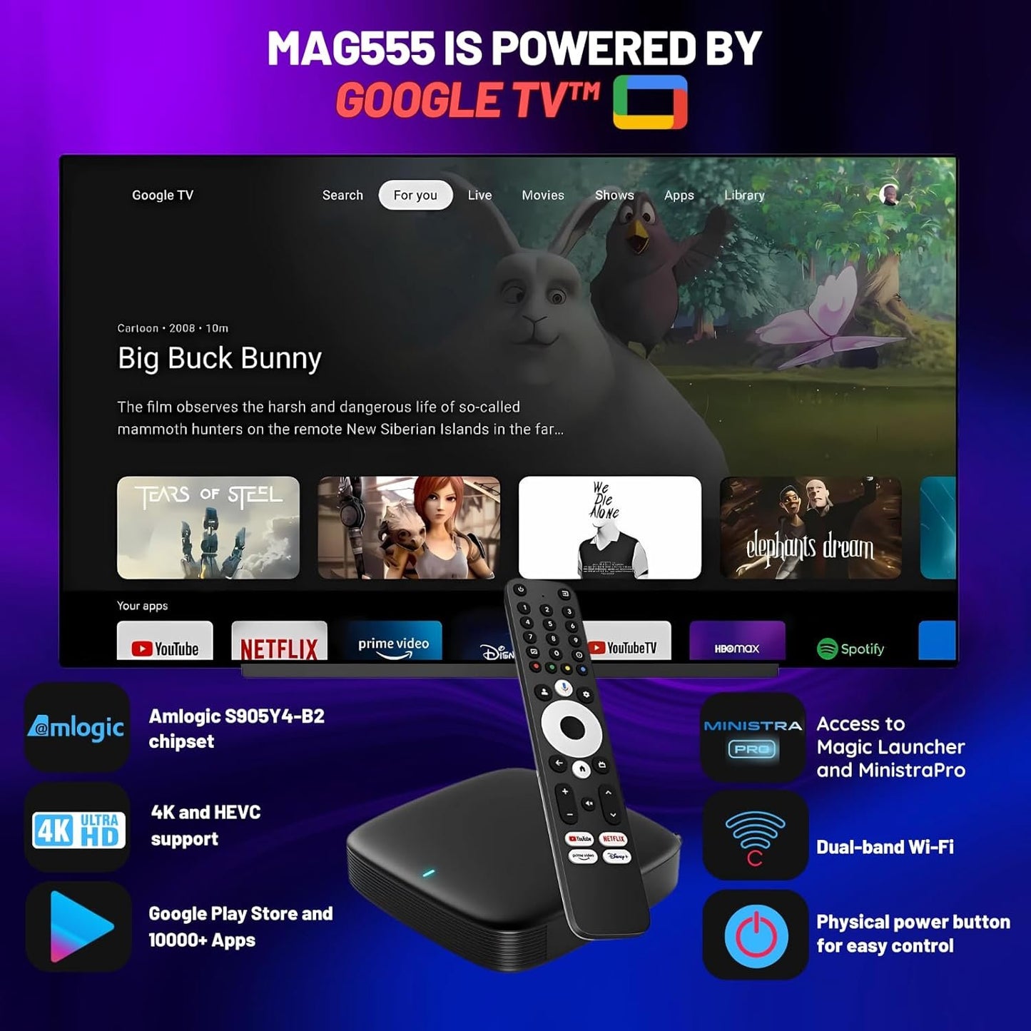 Raxxio MAG555 4K Google TV Box with Dual-Band Wi-Fi, Bluetooth 5.0, Google Assistant, HDR Streaming