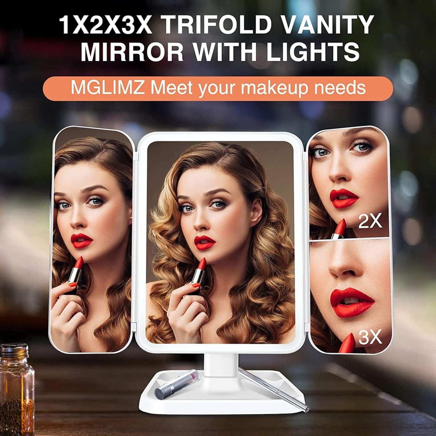 Leather Grain Lighted Vanity Makeup Mirror with 78 LED, Trifold Mirror with 3 Color Lighting Modes - Touch Control Design, 1x/2x/3x Magnification
