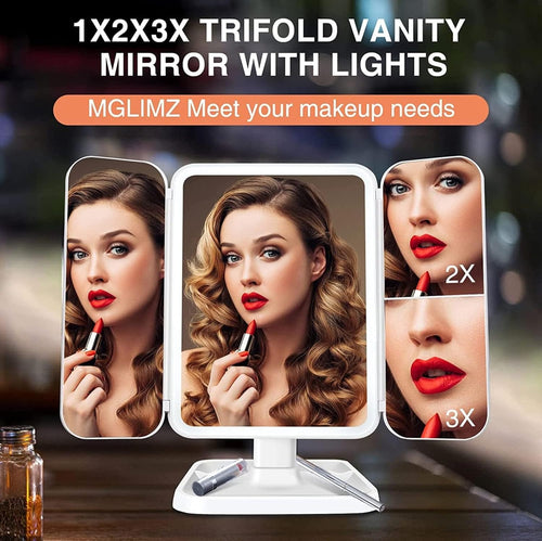 Leather Grain Lighted Vanity Makeup Mirror with 78 LED, Trifold Mirror with 3 Color Lighting Modes - Touch Control Design, 1x/2x/3x Magnification