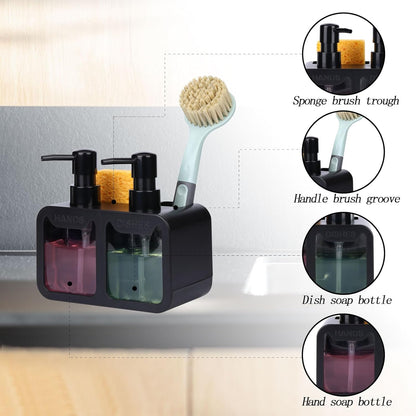 GINZER Dish Soap Dispenser for Kitchen Countertop with Sponge Caddy and Brush Holder - Refillable Non-Slip Dual Pump 4-in-1 Dispenser Soap Dispenser for Kitchen Sink, Essential Kitchen Gadgets – Black