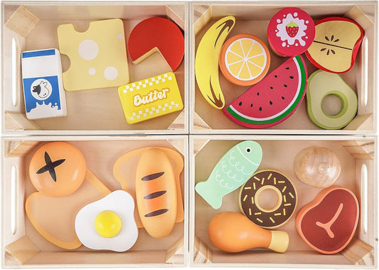 Food Groups - Wooden Play Food Sets, Pretend Play Kitchen Toys, Toy Food Accessories for Toddlers 1-3, Wood Play Fake Food for 1 2 3 Year Old Boys Girls Birthday Gift