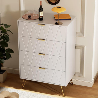 GOOBUY White Chest of Drawers with 4 Drawers, Wooden Bedroom Como Cabinet, Living Room Furniture, Gold Handles and Legs, 34 x 60 x 91 H cm, White