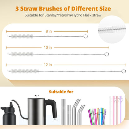 OUTXE 5 Pack Bottle Brush Set, 5-in-1 Multifunctional Water Bottle Cleaning Brush 2 Pack, with Nipple Brush, Detail Brush for Cup Lid Gap, 12" 10" 8" Straw Brush for Stanley Yeti
