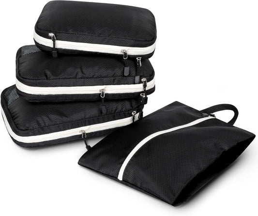 AiQInu 4-Piece Suitcase Organizer, Compression Packing Cube Space-Saving Expandable Ultralight Travel Organizer for Clothes, Shoes, Underwear Travel Set for Backpacks or Hand Luggage