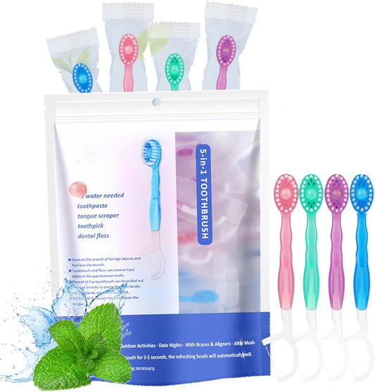 5 In 1 Mini Toothbrush & Floss & Tongue Scraper & Toothpick Set, 5 In 1 Toothbrush & Floss, All In One Oral Care On The Go, Individually Packed In Box, For Travel And Gatherings Daily Use (1pcs)
