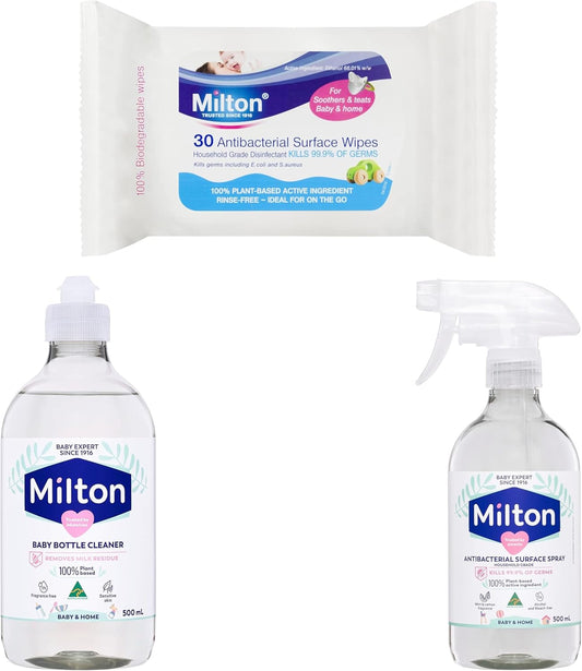 Milton Essentials Value Pack - Bottle Cleaner, Surface Wipes and Antibacterial Spray