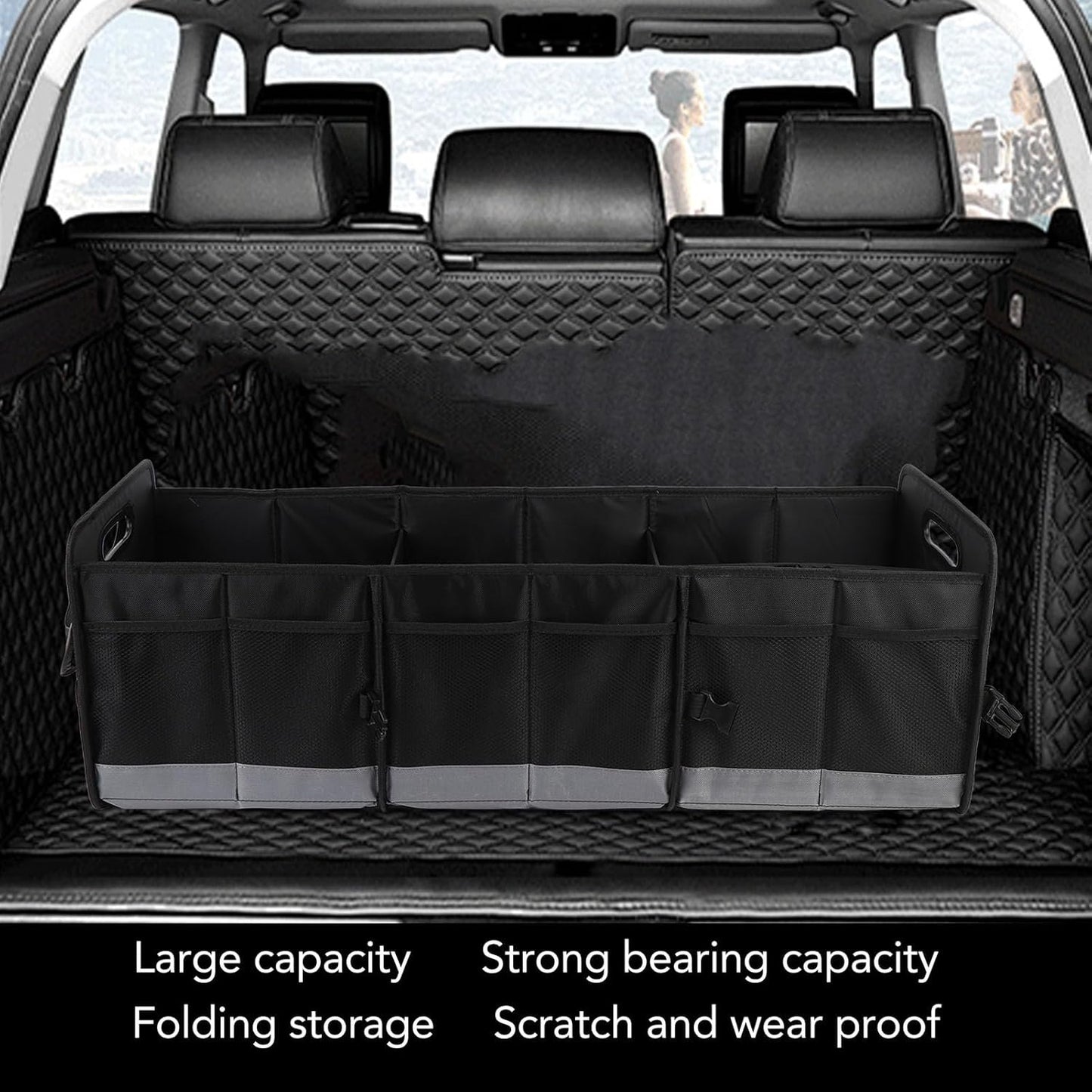 Car Trunk Organizer, 95L Car Multi Compartment Storage Box with Handles, Foldable Trunk Extended Cargo Organizer, for Any Car, SUV, Truck