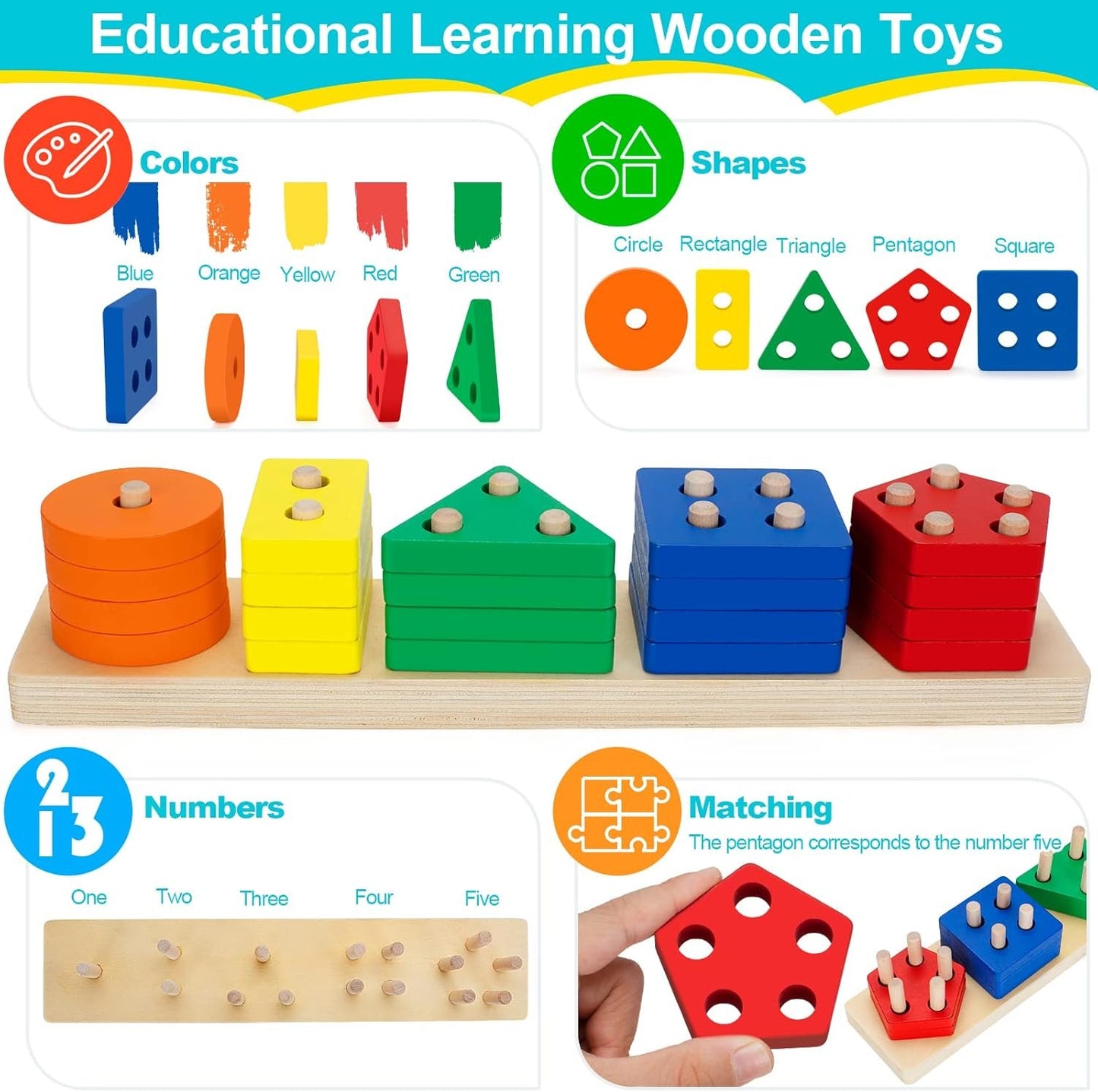 Aigybobo Learning Toys for 1+ Year Old, Baby Toy 12-18 Months, Wooden Sorting & Stacking Toys for Toddlers and Kids, Preschool Fine Motor Skill Toy, Ideal for Boys Girls Age 1 2 3 Years Old