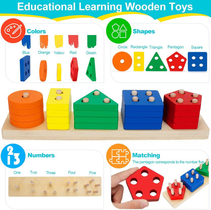Aigybobo Learning Toys for 1+ Year Old, Baby Toy 12-18 Months, Wooden Sorting & Stacking Toys for Toddlers and Kids, Preschool Fine Motor Skill Toy, Ideal for Boys Girls Age 1 2 3 Years Old