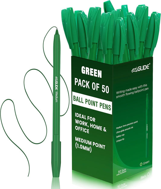 Eziglide Ballpoint Pen Set, 50-Pack Green – Easy Grip & Medium Point (1.0mm) for Ultra-Smooth, Skip-Free Writing & Quick-Dry Ink – Ideal for Office, Work, Exam, School, Home & Stationery Use
