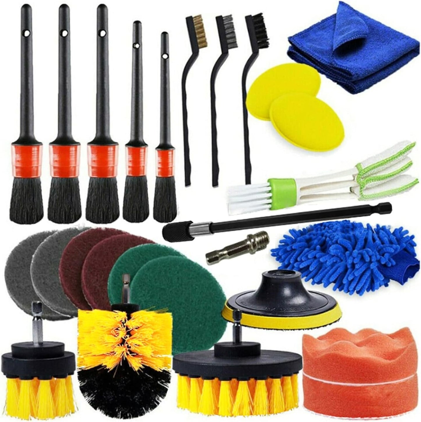 SHUAIGUO 26PCS Car Cleaning Brush Kit Car Cleaning Brush Accessories for Interior and Exterior Includes Scrubber Pads, Sponges, Cleaning Brushes