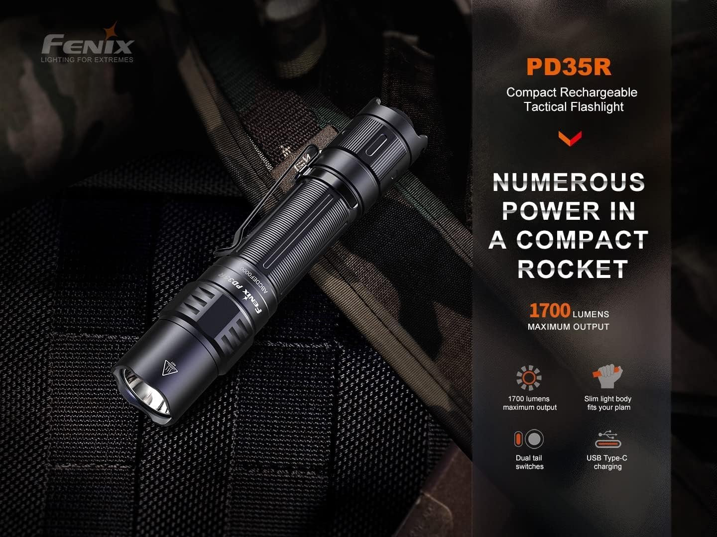 fenix PD35R Rechargeable Compact Long Range LED Torch | 1700 Lumens | 350m | 100 Hrs Max | USB-C | Tactical Tail Switch | Instant Strobe | IP68