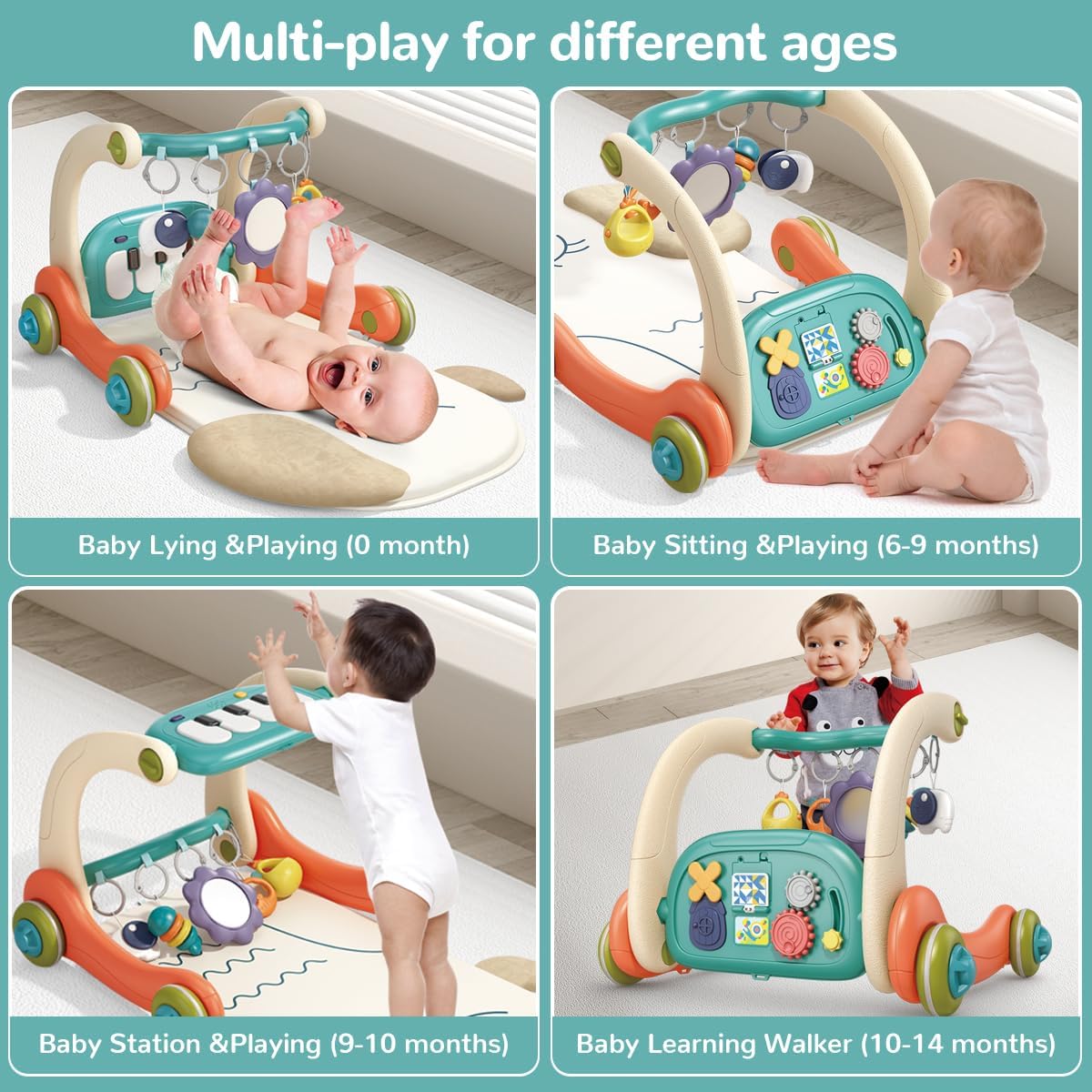 Hitish 3 in 1 Baby Play Mat Gym, Kick and Play Piano Gym with Music Light, Activity Tummy Time Play mat with 5 Learning Sensory Toys, Infant Gifts for Newborn Baby Toddler 0-14 Months