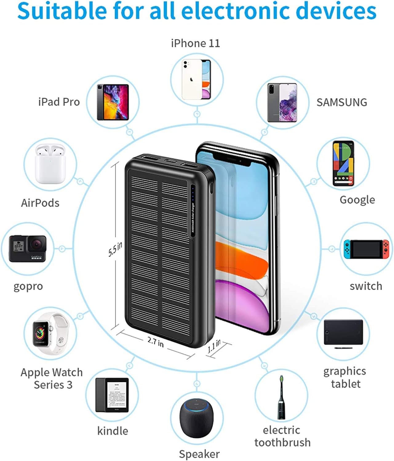 ZHAM 30000mAh Solar Power Bank, Portable Charger Solar Charger Power Bank with 2 USB Outputs, External Battery Pack for Outdoor Activities Compatible with iPhone 14/13/12, Sumsung Galaxy S23/S22 etc