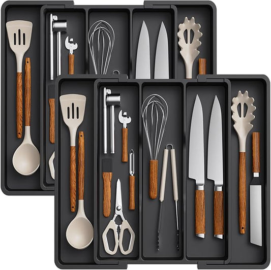 Lifewit Utensil Organizer for Kitchen Drawers, Expandable Cooking Utensil Tray, Adjustable Cutlery Silverware Flatware Holder, Plastic Kitchen Spatula Tools and Gadgets Storage Divider, 2 Pack, Black