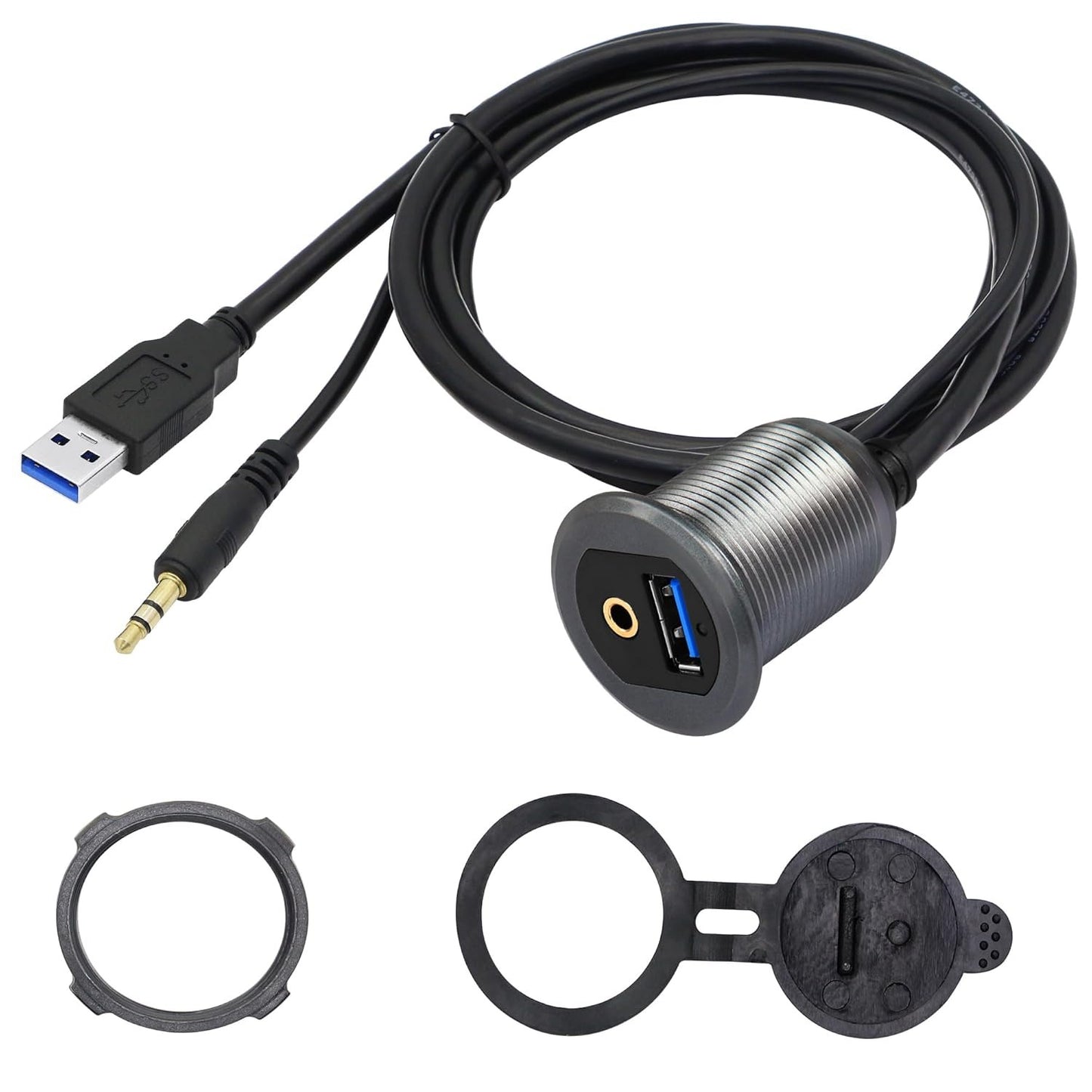 SinLoon USB 3.0 & 3.5mm Car Mount Flush Cable 3.3FT AUX Extension Dash Panel Waterproof Mount for Car, Boat, Motorcycle