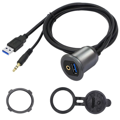 SinLoon USB 3.0 & 3.5mm Car Mount Flush Cable 3.3FT AUX Extension Dash Panel Waterproof Mount for Car, Boat, Motorcycle