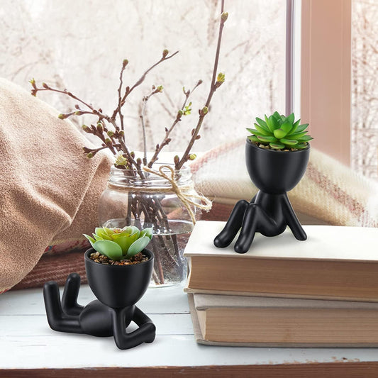Fake Succulent, Mini Succulents Plants Artificial in Black Modern Human Shaped Ceramic Pots Cute Desk Decor Desk Plant for Office Decor, Cute Fake Plants Bathroom Decor 2PCS