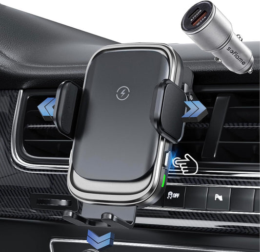 Soflame Wireless Car Charger, 15W Full Auto-Clamping Fast Charging Air Vent Car Wireless Charger for iPhone 16 Series/15 Series/14 Series/11-13 Series/Xr/8, Samsung S23/S22/S21/Note 20