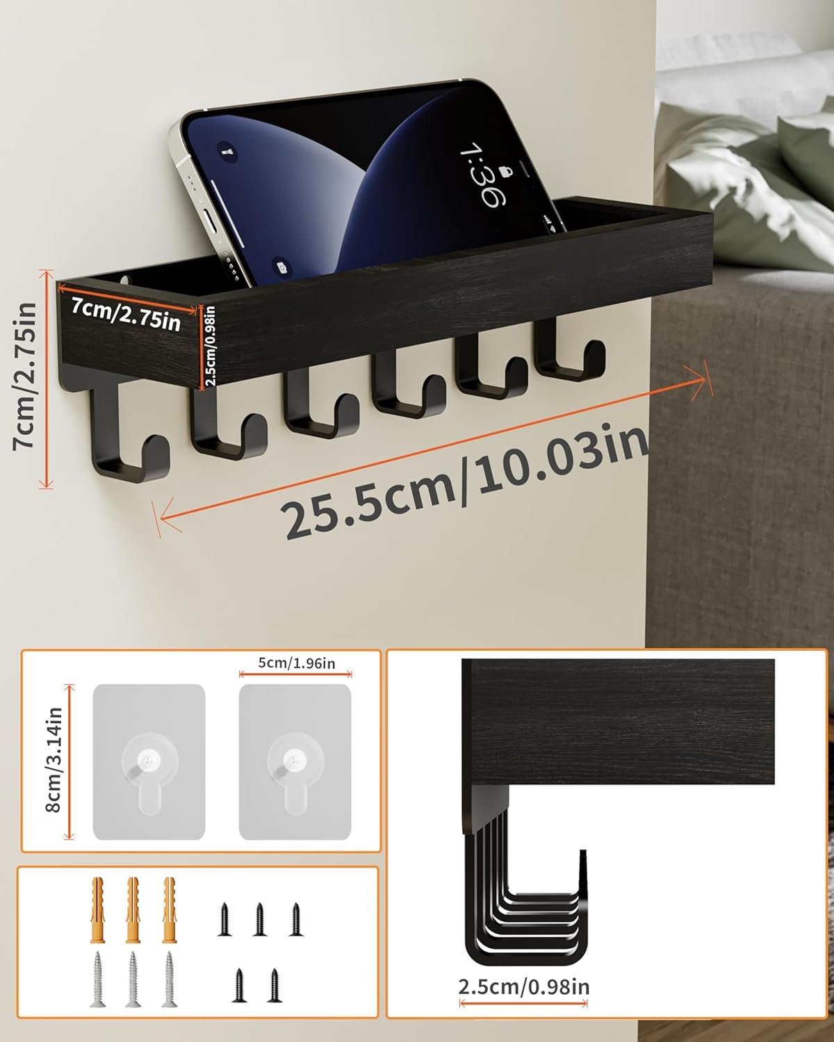 SWTYMIKI Key Holder - Key Hook Hanger Rack Organizer Wall Mounted with Wood Tray and 6 Hooks, Home Decor for Hallway, Entryway, Bedroom, Mudroom, Office