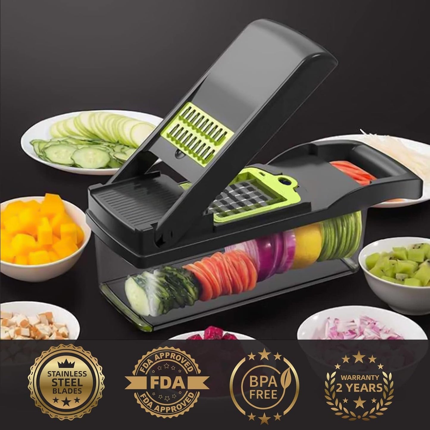 Vegetable Chopper Cutter Slicer Multifunctional 13-in-1 Food Veggie Onion Potato Fruit Chopper Cutter Dicer with Container, 8 Interchangable Blades, Hand Protector, Drain Strainer, Cleaning Brush