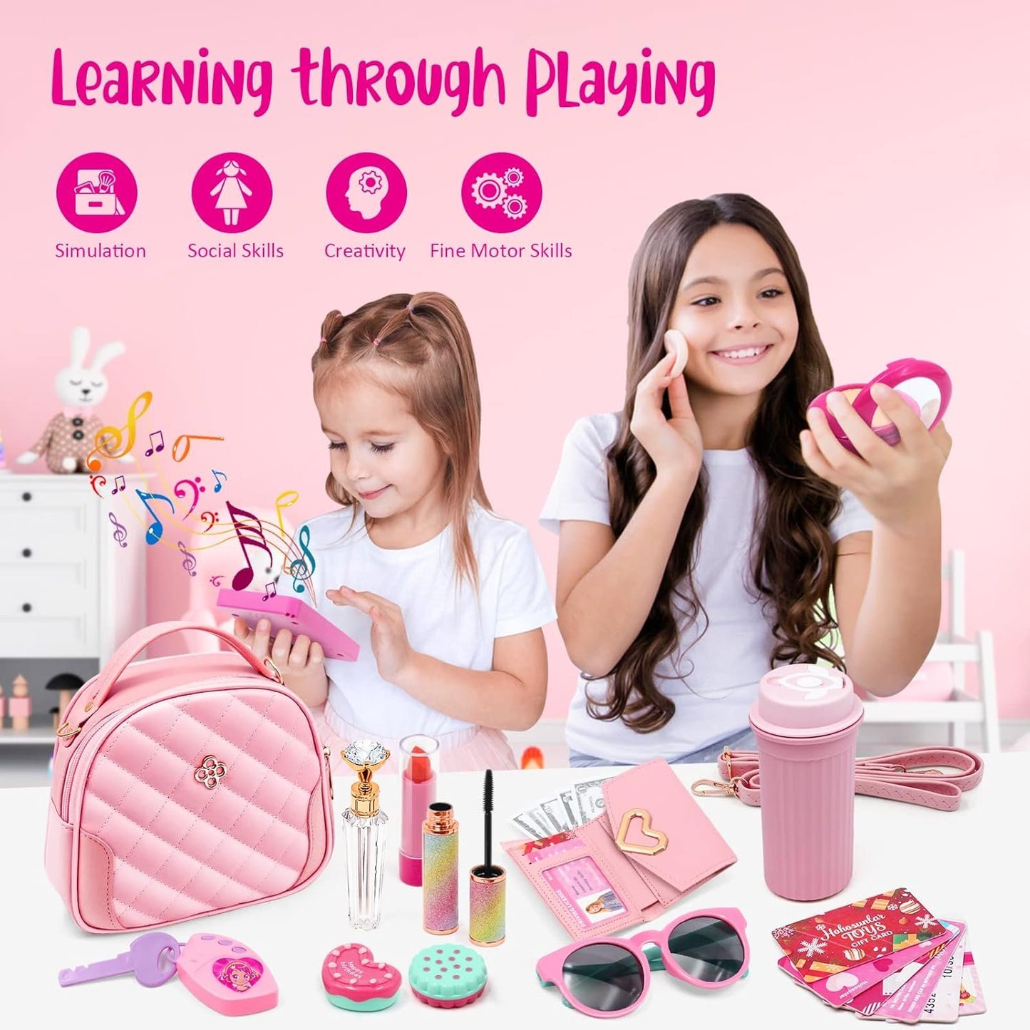 Kids Pretend Play Little Girl Purse Accessories, Princess Toy Cell Phone w/ Light & Sound, Fake Makeup, Wallet, Keys, Credit Card, Play Water Bottle Valentine Birthday Gift Toys for Girls