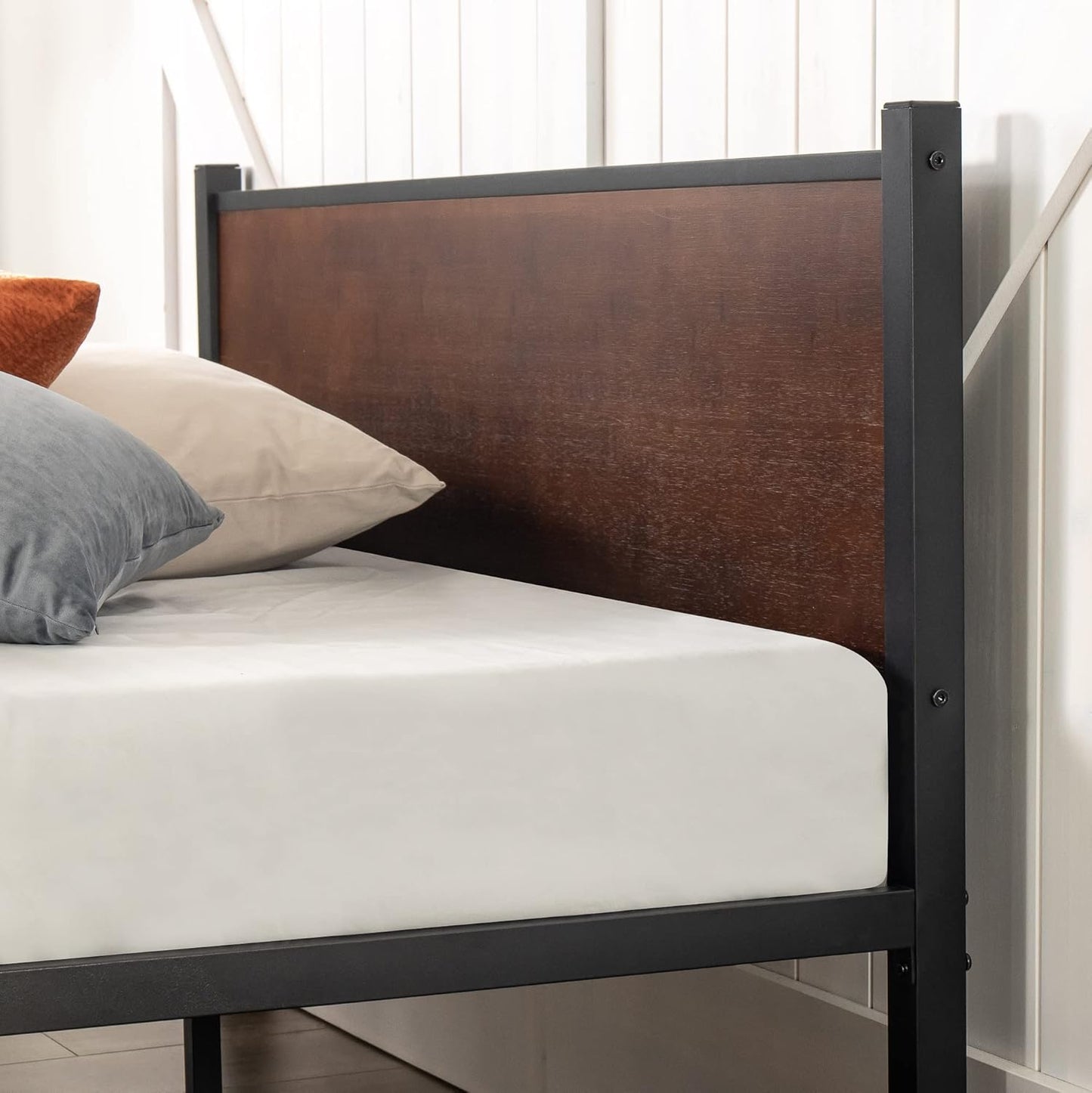 Zinus Queen Bed Frame, Industrial Metal Wooden Bamboo Bed Frame Base with Headboard, Black & Dark Wood, Bedroom Furniture, Brown