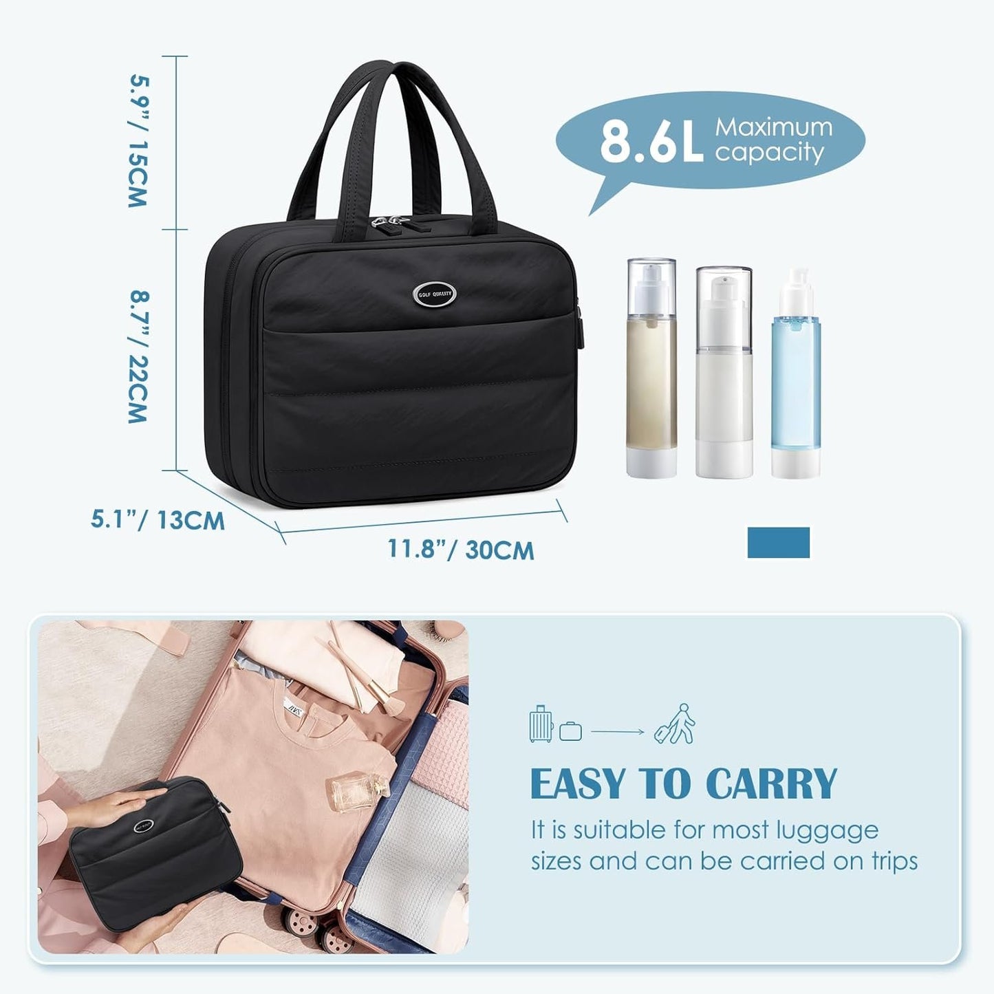 GOLF QUALITY Travel Toiletry Bag with Jewelry Organizer, Hanging Toiletry Bag for Toiletries Puffy Cosmetic Make up Bag Organizer Carry-on Travel Accessories Essentials,Black