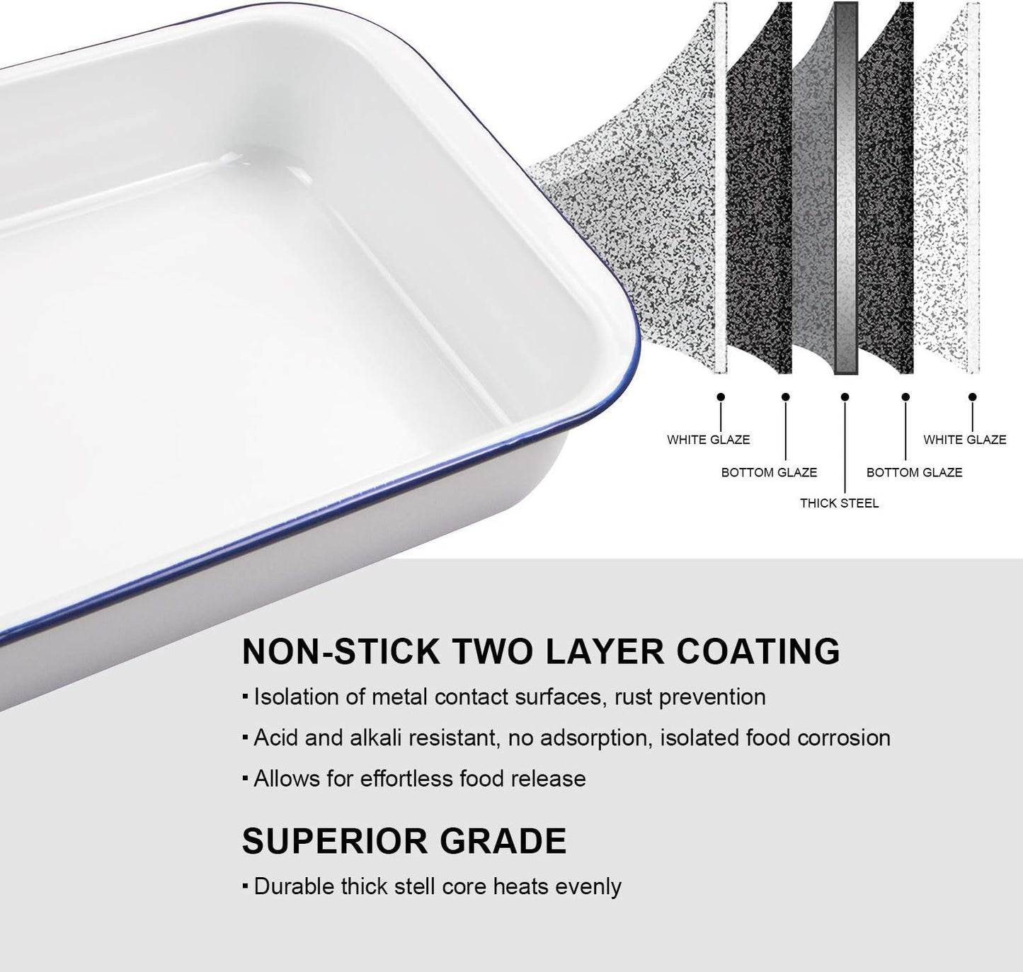 Webake Enamelware 9x13 Baking Pan Oblong Cake Pan Enameled Steel Roasting Pan Baking Dish Lasagna Pan Food Containers, Solid White with Blue Rim