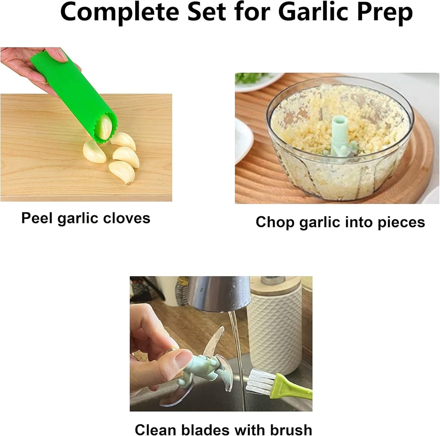 Brilliant JJJJ Complete Set for Hassle-Free Garlic Prep - 400ML Manual Food Chopper, Vegetable Chopper, Hand-Pull Food Processor, and Silicone Garlic Peeler with Cleaning Brush for Chopper Blades