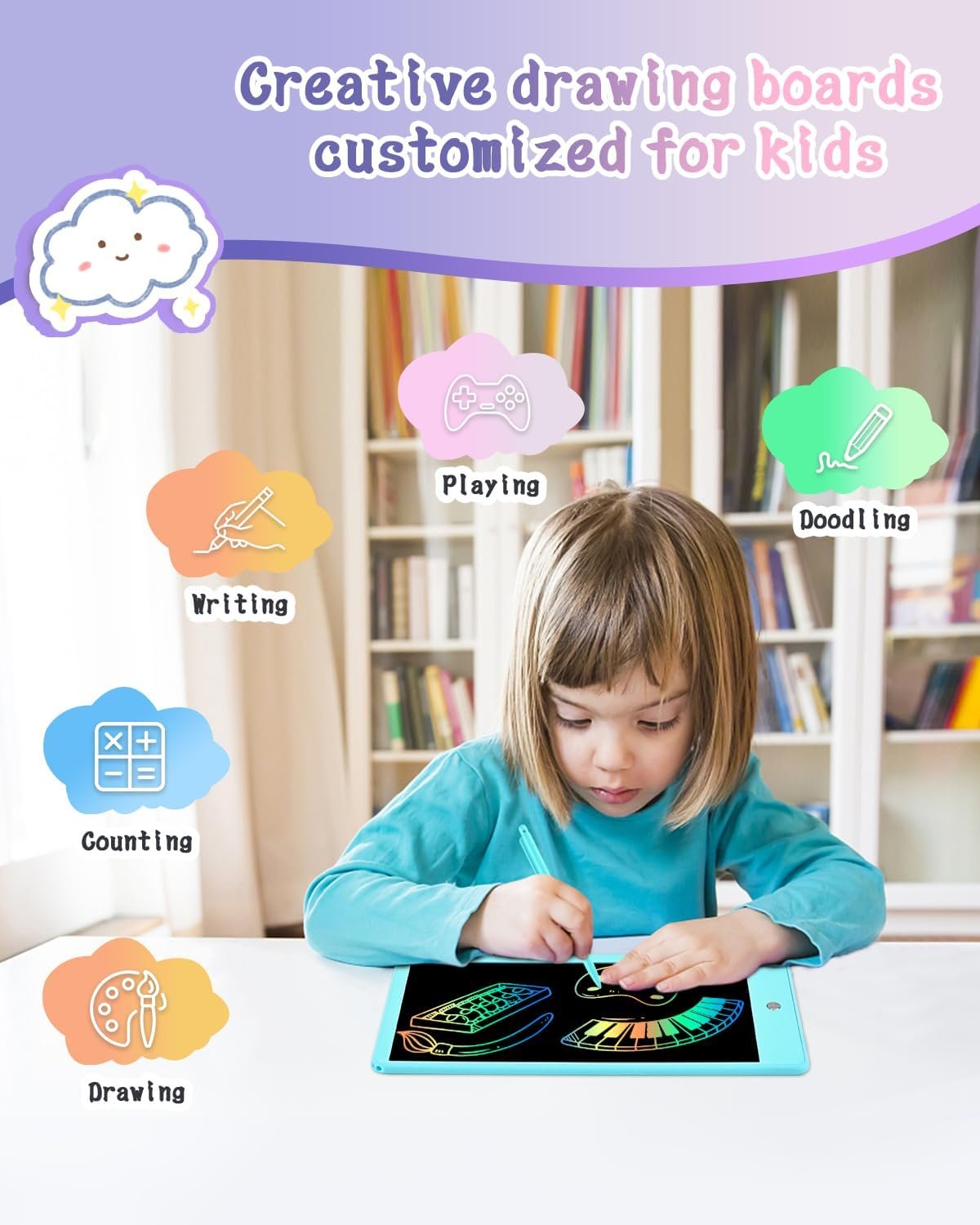Gifts for Girls Boys, Toddles Colorful Doodle Board Drawing Tablet, 10 inch Writing Board, Educational Learning Toys Travel Gifts for Kids Age 3-9 Years, Kids Toys Portable in Car Airplane
