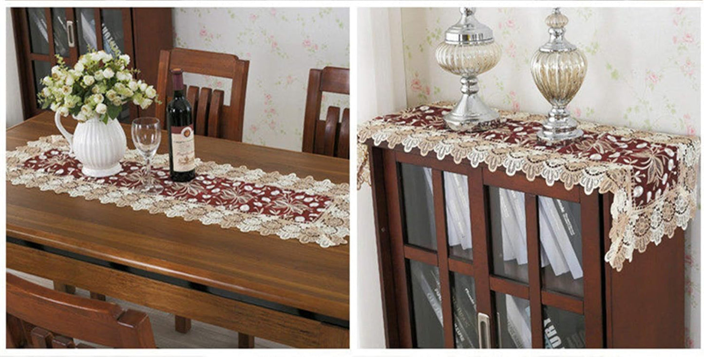 Lace Floral Embroidery Table Runner, Polyester Rectangle Transparent Dresser Scarf for Home Dining Room Tabletop Decoration, 16 x 48 Inches, Beige