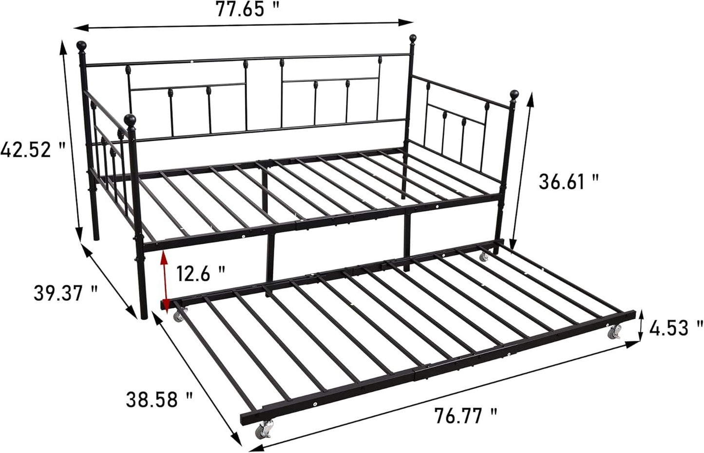 VERFARM Twin Size Metal Daybed Frame with Trundle, Premium Steel Slat Support, Multifunctional Mattress Foundation, Heavy-Duty Twin Day Bed Sofa with Headboard for Living Room Guest Room Bedroom