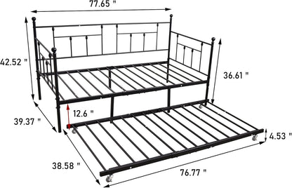 VERFARM Twin Size Metal Daybed Frame with Trundle, Premium Steel Slat Support, Multifunctional Mattress Foundation, Heavy-Duty Twin Day Bed Sofa with Headboard for Living Room Guest Room Bedroom