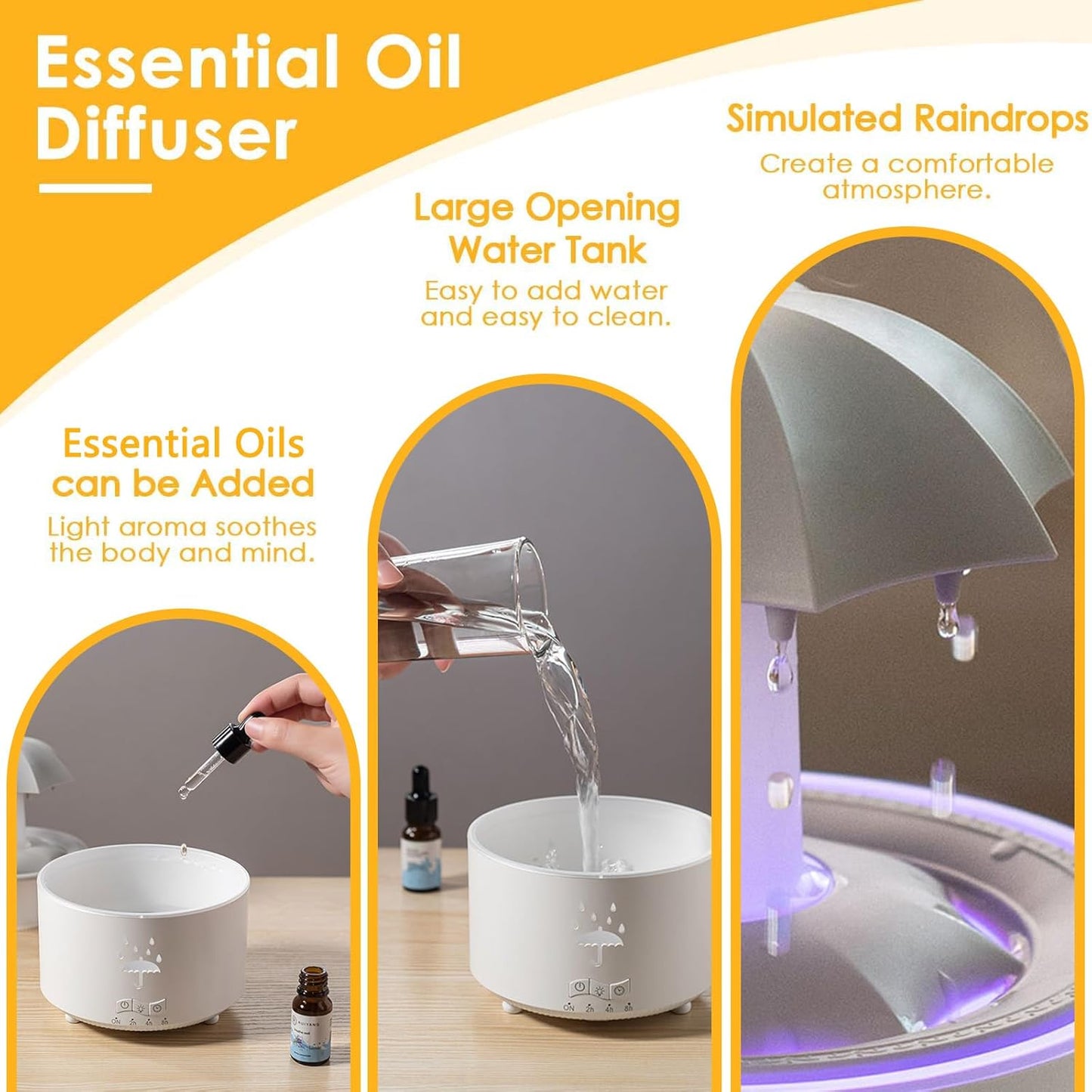 Umbrella Humidifier for Bedroom, Rotate Umbrella Rain Humidifier with Remote Control, 300ML Aroma Diffuser, 7 Colors Mood Light, Timer and Waterless Auto-Off, Air Humidifiers for Desk