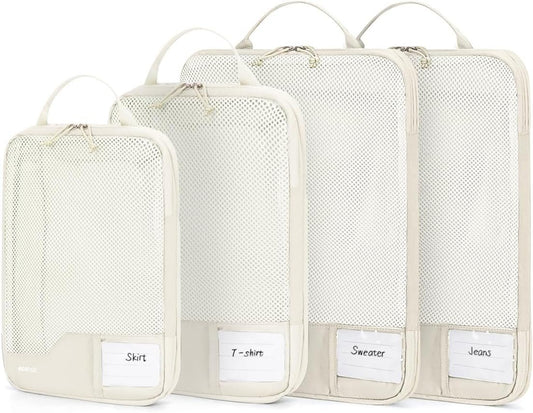 ECOHUB 4pcs Compression Packing Cubes, Suitcases Organiser Bag with Tag, Recycled Travel Packing Bags for Backpack, Tear-resistant Storage Pouch for Carry On Luggage (Beige)